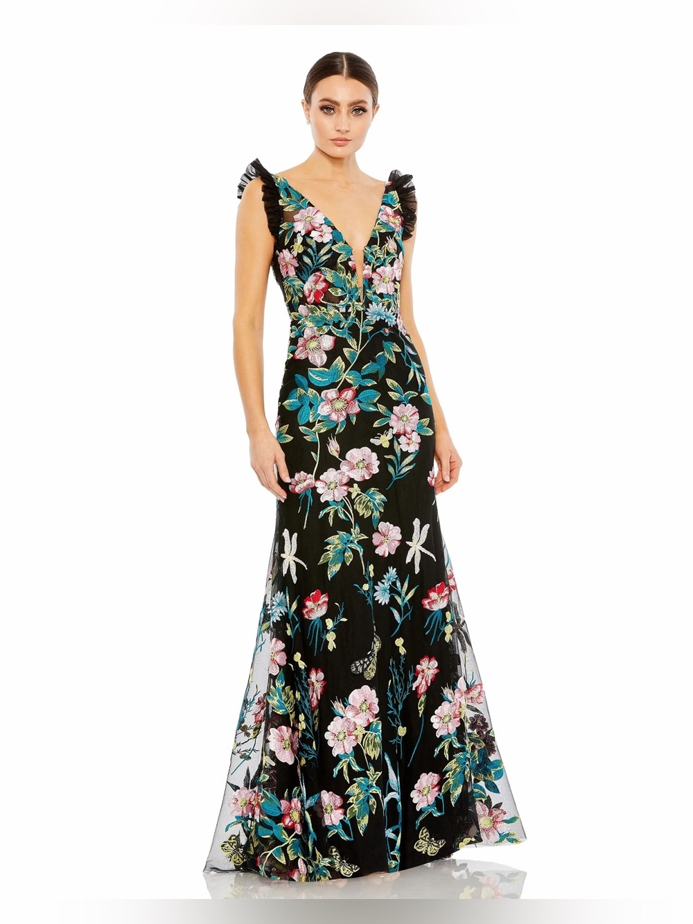 Mac Duggal Black Floral Embroidered V-Neck Evening Gown Size 4 68273